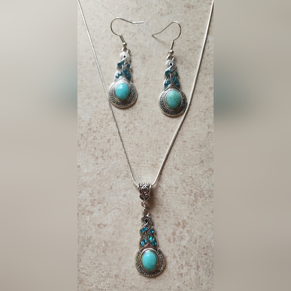 COPY - New turquoise color boho 20" 925 stamped necklace and earrings set - Picture 1 of 11